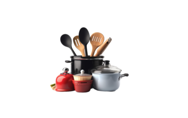 Join the Culinary Ensemble, Featuring Utensils and the Iconic Chef Hat on a White or Clear Surface PNG Transparent Background.
