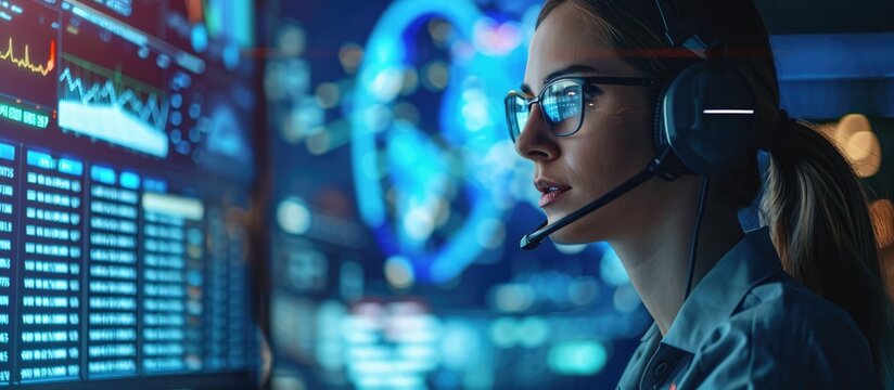 IT help desk, female with headset and glasses for questions on technology and data. Cyber defense, person dedicated to communication, analysis, and army support.