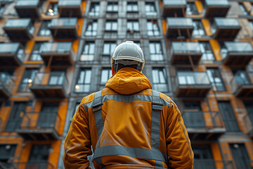 Fototapeta na wymiar Back view of construction engineer in standard safety looking at the building, Focused construction engineer in standard safety gear inspecting the building progress on the construction site.