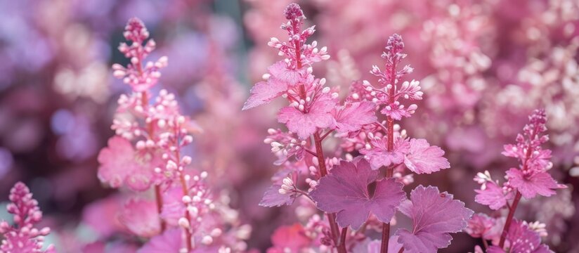 'Dane' Coral Bells (Heuchera) with pink and purple foliage and small white flowers in the garden.