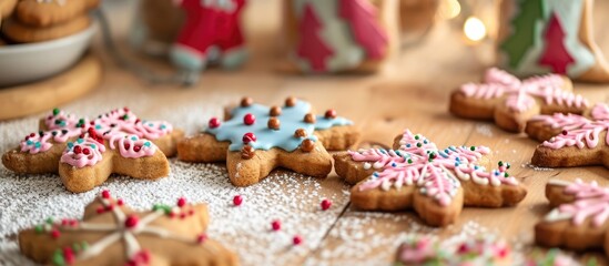 Colorful pastry bags are placed near Christmas cookies on a table.