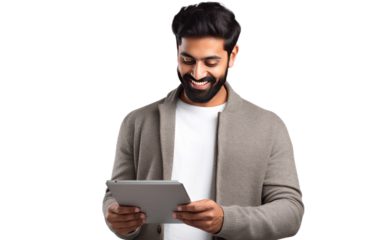 A Young Man Seamlessly Integrating Innovation into his Tablet Use on a White or Clear Surface PNG Transparent Background.