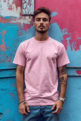 Naklejka na ściany i meble Sophisticated Apparel Branding, Professional Logo Mockup on Male Pink T shirts Flat Lay Presentation