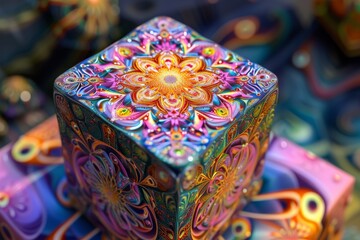 Fototapeta na wymiar Acid Trippy Abstract Colorful Psychedelic Mandala Magic Cube in LSD Waves Style Background created with Generative AI Technology