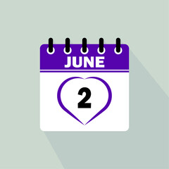 Icon calendar day - 2 June. 2nd days of the month, vector illustration.