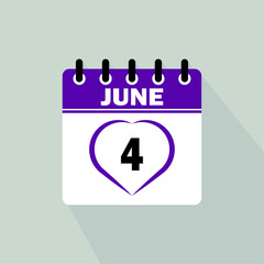 Icon calendar day - 4 June. 4th days of the month, vector illustration.