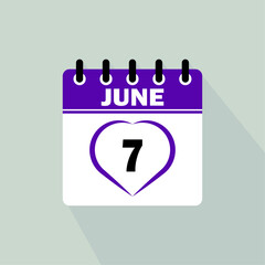 Icon calendar day - 7 June. 7th days of the month, vector illustration.