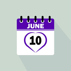 Icon calendar day - 10 June. 10th days of the month, vector illustration.