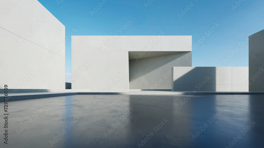Poster 3d render of abstract modern architecture with empty concrete floor. Scene for car presentation.