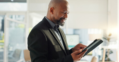 Black man in office with tablet, email or social media review for tech business, schedule or...