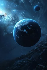 Photo sur Plexiglas Pleine Lune arbre Blue glow surrounds planet Earth as an eclipse looms in the deep starry sky. Vertical