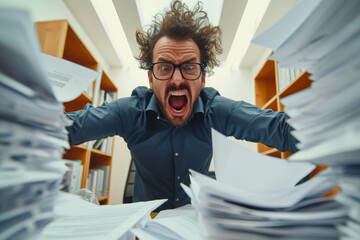 Pissed off male office worker cluttered with paperwork shouting, theme or concept of a rush at work