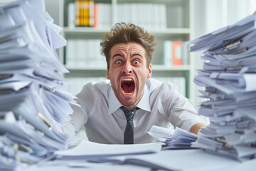 Pissed off male office worker cluttered with paperwork shouting, theme or concept of a rush at work - obrazy, fototapety, plakaty