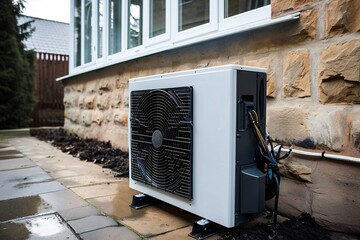 Heat pump installed in the outside wall.