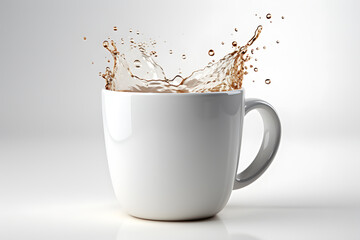 Dynamic splash of coffee captured mid-air in a pristine white ceramic mug, against a clean background