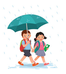 Cute little kids students with backpack holding umbrella walking to school in the rain
