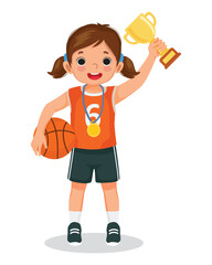 Cute little girl with medal holding gold cup trophy winning basketball game
