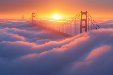 Gate Bridge in San Francisco enveloped by fog.