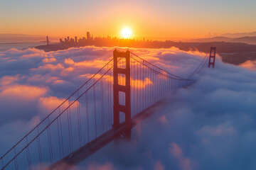 Obraz premium Gate Bridge in San Francisco enveloped by fog.