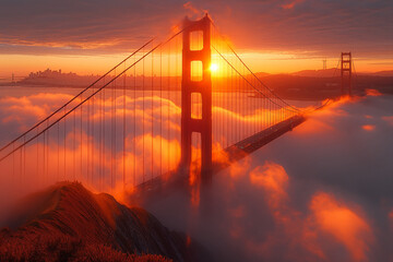 Fototapeta na wymiar Gate Bridge in San Francisco enveloped by fog.
