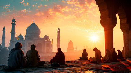taj mahal in sunset,hands folded in prayer expressing hope, humility and gratitude. Generative AI