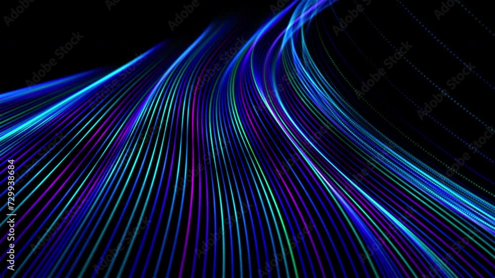 Aufkleber waving 3d surface made of bright colored lines on black background. abstract concept of soundwaves, 