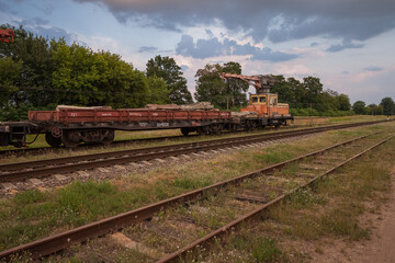 Stara Vyzhivka, Ukraine - July 12th, 2021: Railway special equipment. Special construction train...