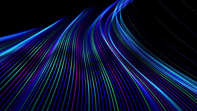 Waving 3D surface made of bright colored lines on black background. Abstract concept of soundwaves, blockchain technology and big data. Wave change of data on the chart, 4K seamless loop video