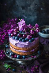Obraz na płótnie Canvas Cake With Blueberries and Purple Flowers on a Plate