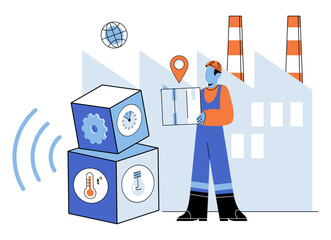 Industry iot vector illustration. Security is sentinel, standing guard over gates cyberspace metropolis Virtual reality, portal to future, unfolds new dimensions in world industry Industry IoT
