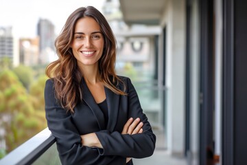confident smiling businesswoman standing on balcony with arms crossed  - obrazy, fototapety, plakaty