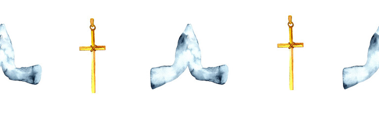 Watercolor hand drawn illustration of hands in pray,prayer, thanksgiving to the Lord.Christian. Decorative border for the background of Christian publications, the design of banners, cards, sites