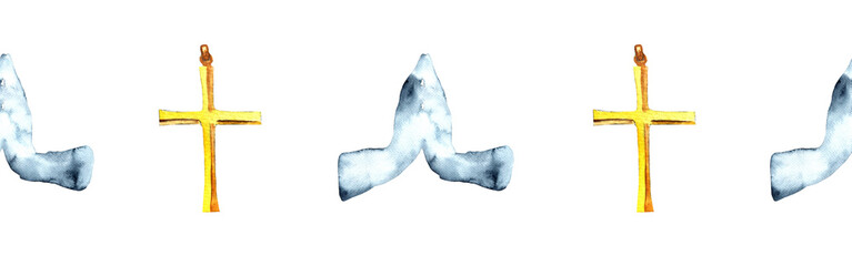 Watercolor hand drawn illustration of hands in pray,prayer, thanksgiving to the Lord.Christian. Decorative border for the background of Christian publications, the design of banners, cards, sites