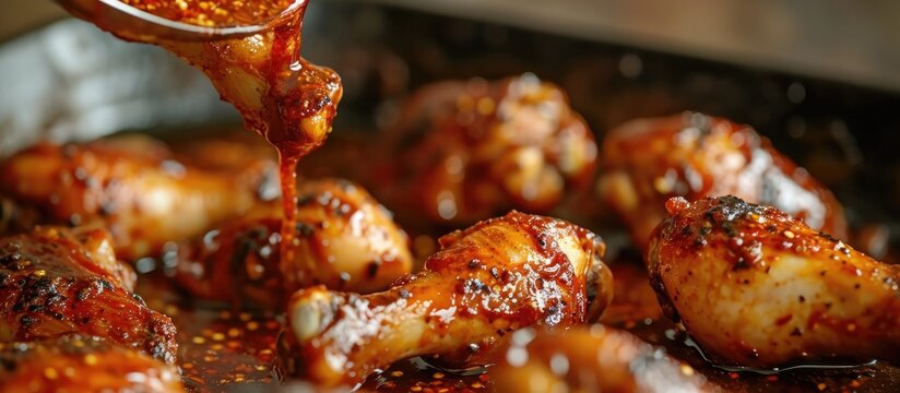 Sauce is poured over chicken legs as chef marinates and mixes them in a bowl with spices and sauce at a culinary master class. Close-up.