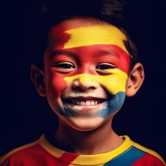 Happy kid face painted with national flag colors red blue and yellow 