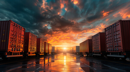 Fototapeta premium Semi TrailerTrucks Parked with The Sunset Sky. Shipping Cargo Container 