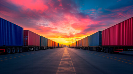 Fototapeta premium Semi TrailerTrucks Parked with The Sunset Sky. Shipping Cargo Container 