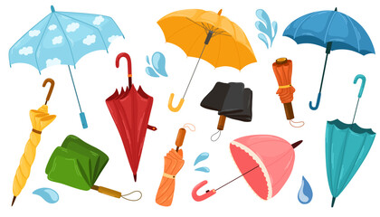 Umbrellas set. Different Umbrellas in various positions open, closed and folded. Rain protecting accessories with handles of different design, type. Hand drawn cartoon Vector illustration. © PawLoveArt
