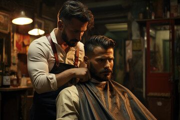 Fototapeta na wymiar barber cutting man's hair in a hair salon or barbershop