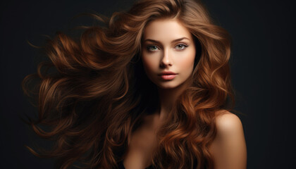 Naklejka premium Beautiful brunette girl with long wavy hair, beauty portrait