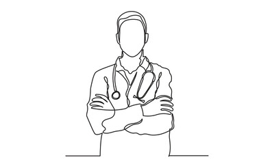 Continuous line drawing of a male doctor standing with crossed arms with a stethoscope.Concept of hospital and health care service vector illustration.