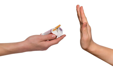 Gestures with two hands. Close up male hand holding pack of cigarettes. Offer smoking. Male hand...