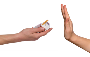 Gestures with two hands. Close up male hand holding pack of cigarettes. Offer smoking. Male hand showing stop gesture. Isolate on transparent background, png