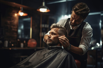 barber cutting man's hair in a hair salon or barbershop