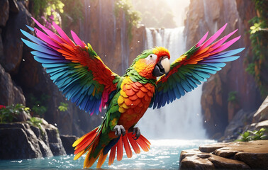 Bright parrot flying over waterfall