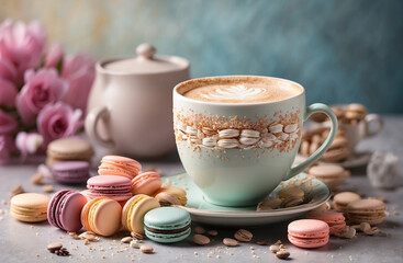 Coffee with colorful macarons