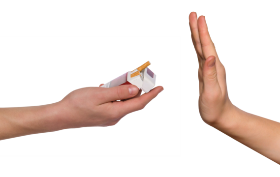 Gestures with two hands. Close up male hand holding pack of cigarettes. Offer smoking. Male hand showing stop gesture. Isolate on transparent background, png