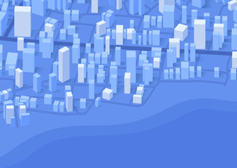 City landscape vector background. Simple minimal town with 3d buildings, urban concept. Exploring available properties, potential choices. Editable vector illustration. Blue background