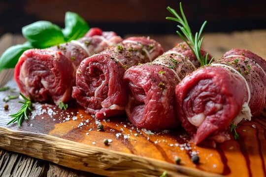 Fresh raw beef roulades on wooden table