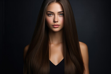 Fototapeta premium Beautiful brunette girl with long, smooth, healthy hair on a dark background